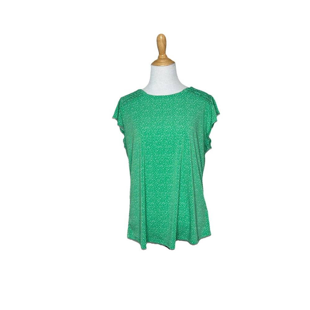 Adrianna Papell Green White Dotted Print Ruffled Blouse Top Size Large Womens